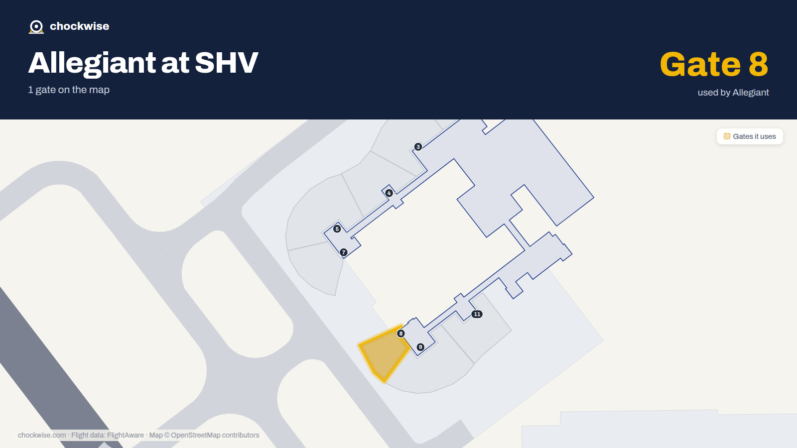 Map of SHV with the gates Allegiant Air uses highlighted: 8.