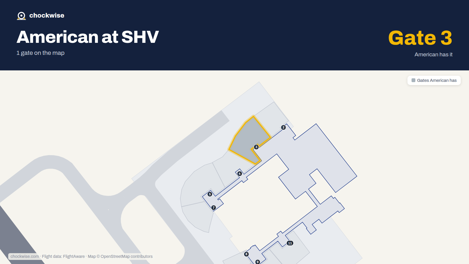 Map of SHV with the gates American Airlines uses highlighted: 3.