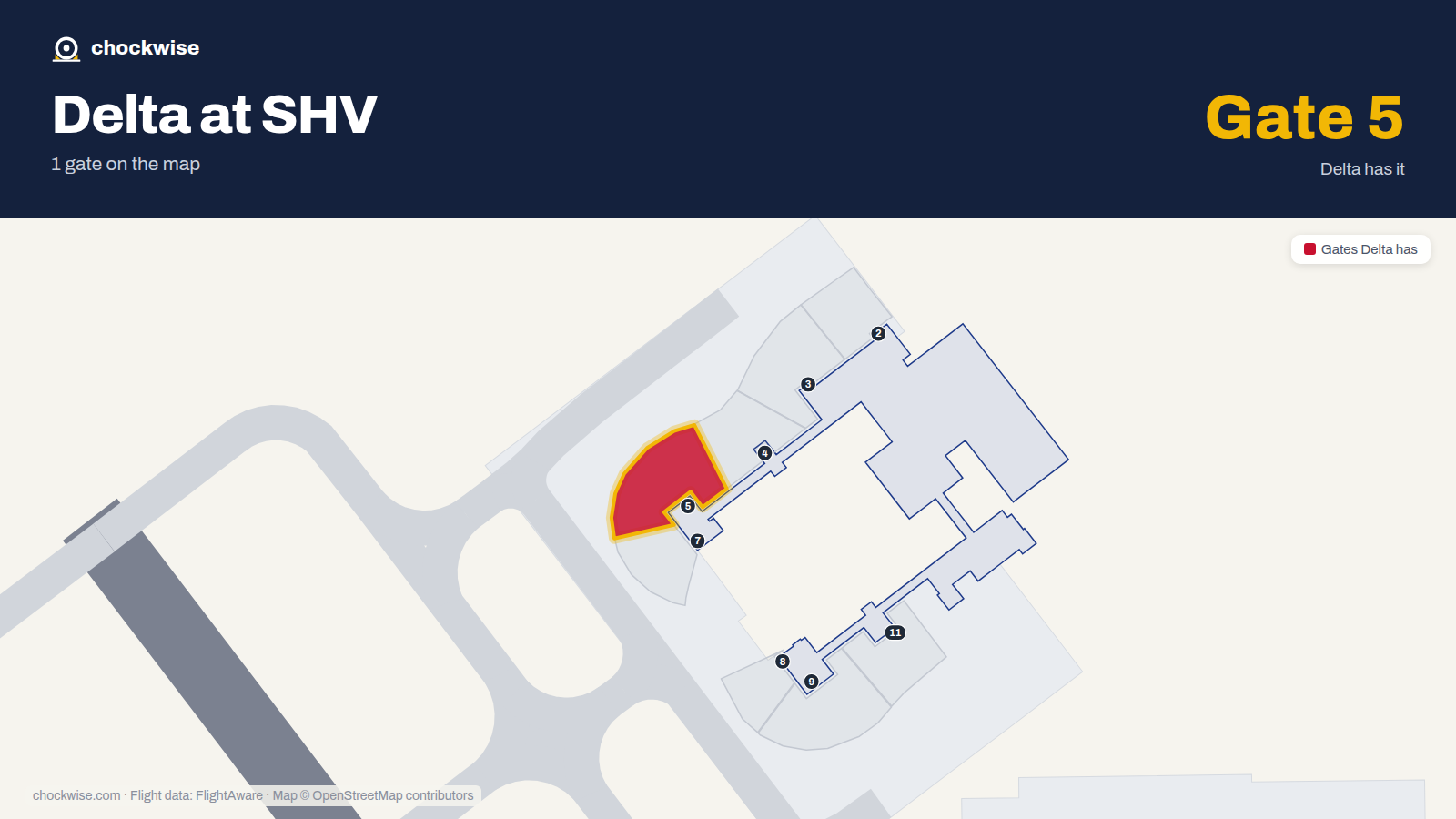 Map of SHV with the gates Delta Air Lines uses highlighted: 5.