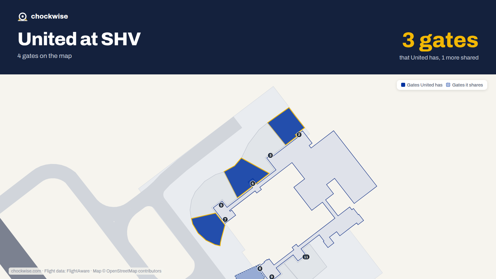 Map of SHV with the gates United Airlines uses highlighted: 2, 4 and 7.