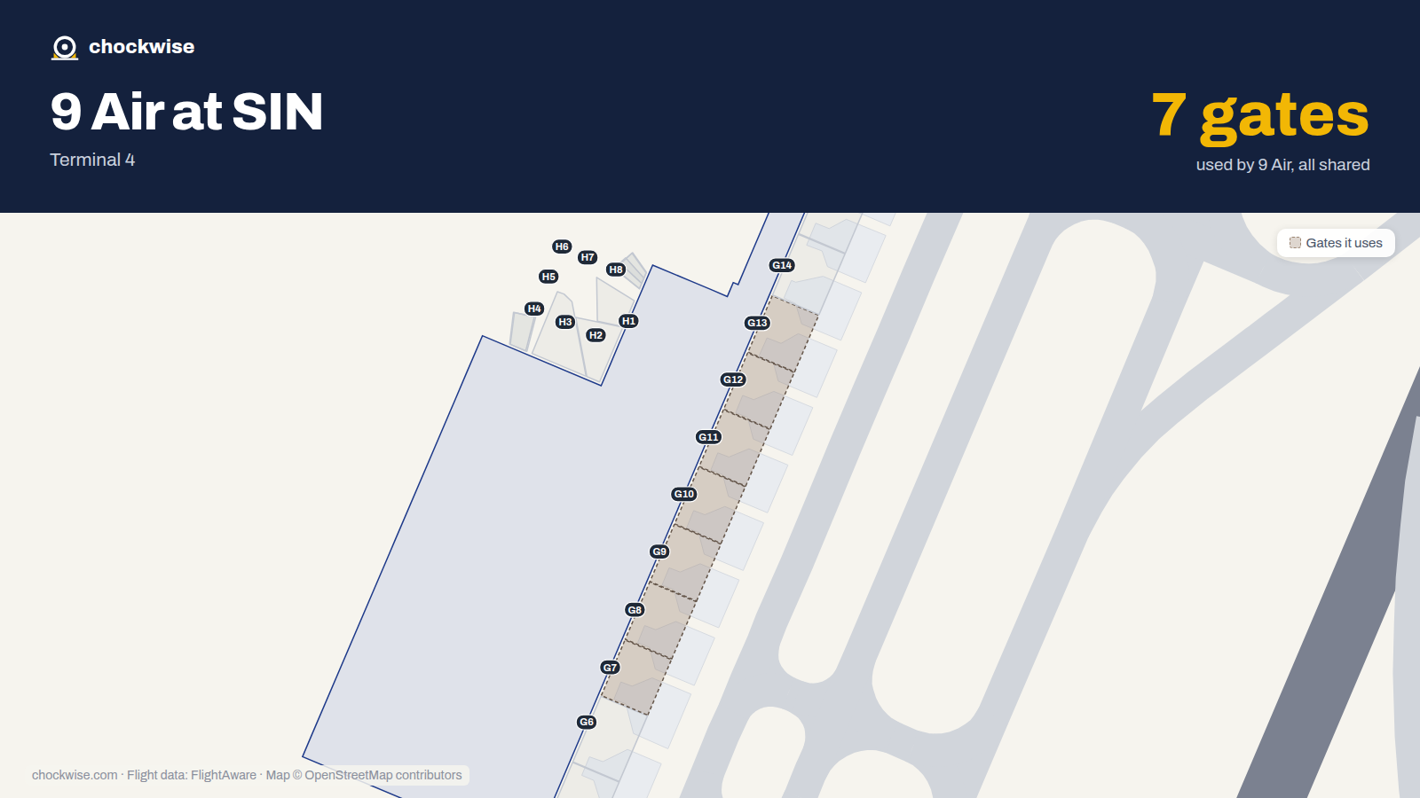 Map of SIN with the gates 9 Air uses highlighted: G7, G8, G9, G10, G11, G12 and G13.
