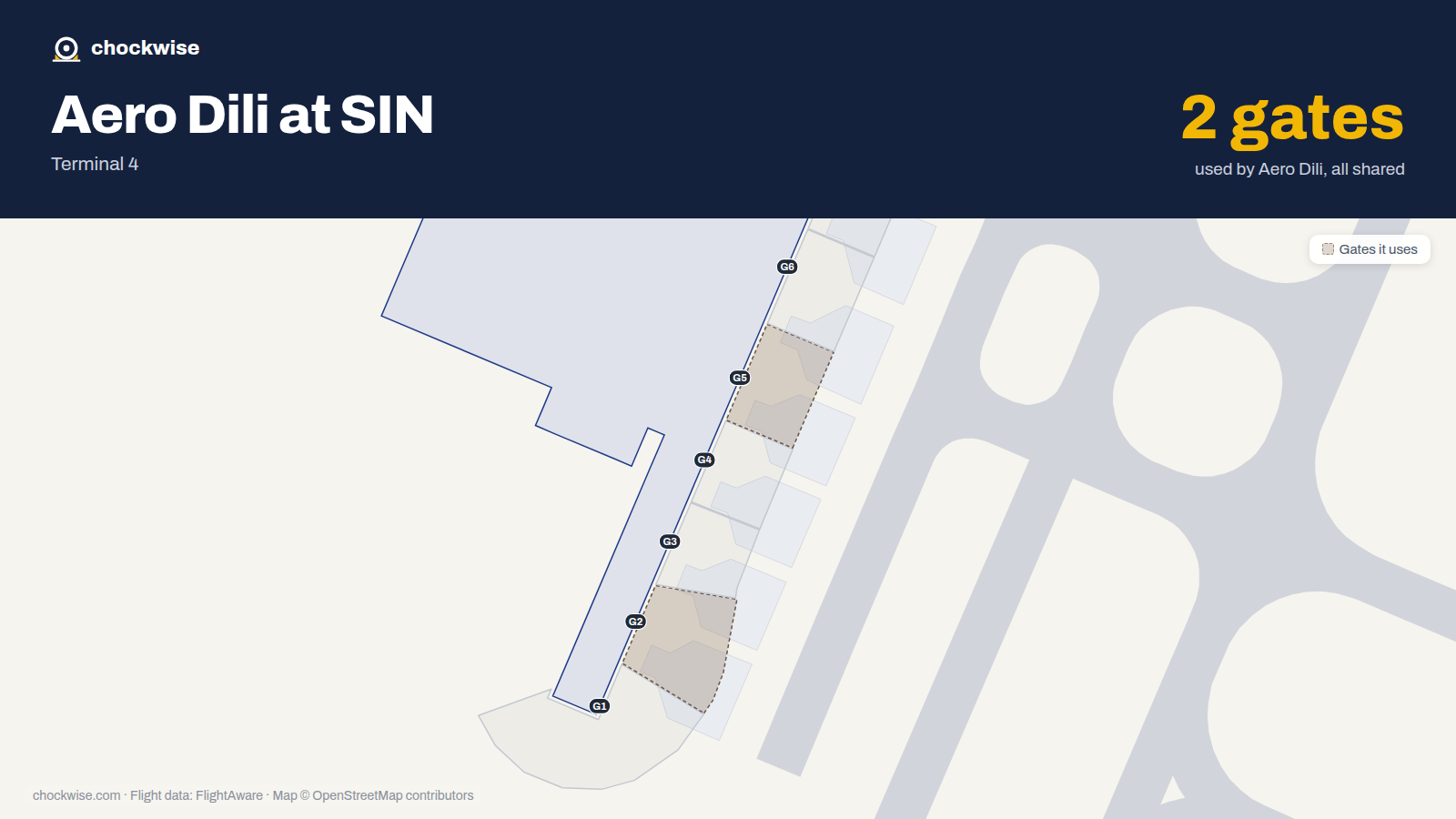 Map of SIN with the gates Aero Dili uses highlighted: G2 and G5.