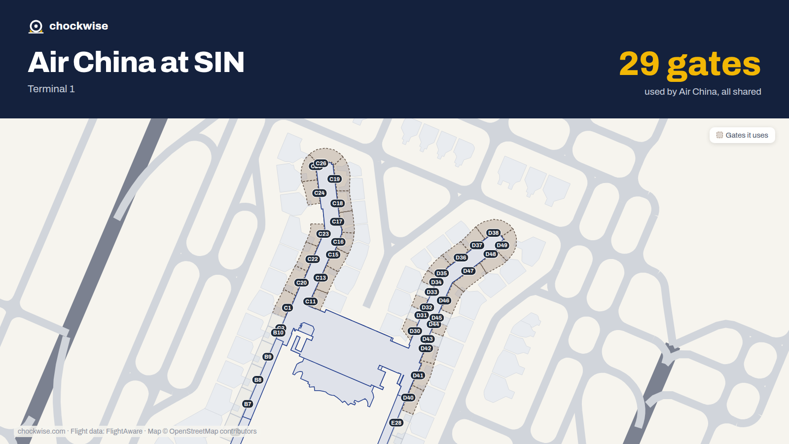 Map of SIN with the gates Air China uses highlighted: C1, C11, C13, C15, C16, C17, C18, C19 and 21 more.