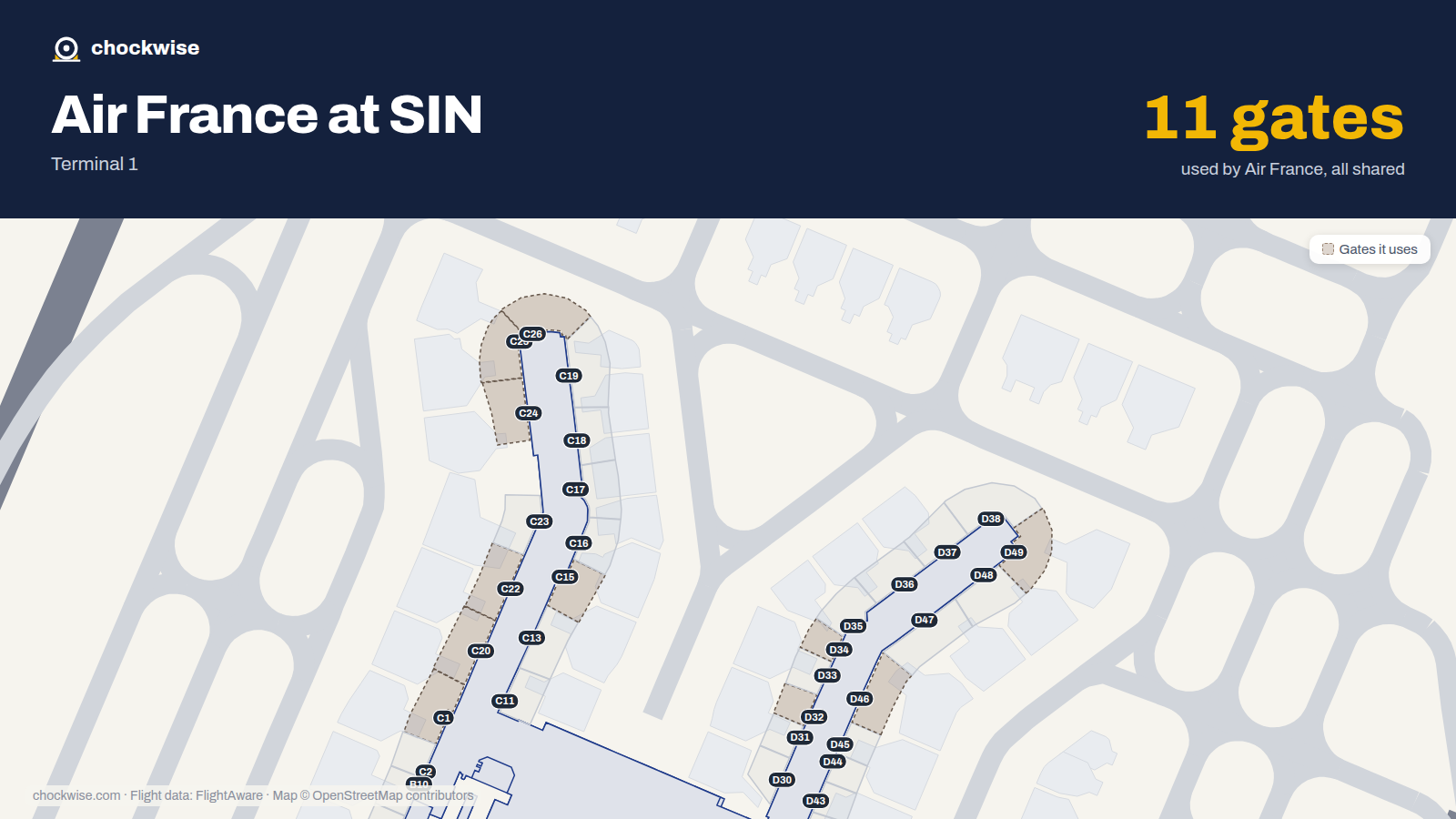 Map of SIN with the gates Air France uses highlighted: C1, C15, C20, C22, C24, C25, C26, D32 and 3 more.