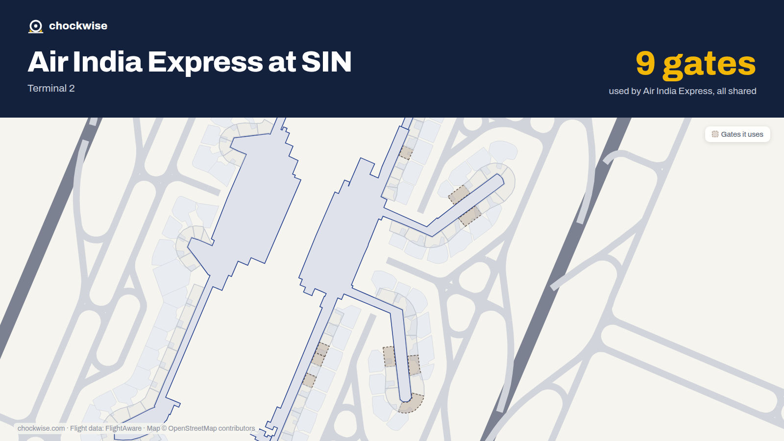 Map of SIN with the gates Air India Express uses highlighted: E6, E10, E24, F35, F37, F40, F53, F54 and 1 more.