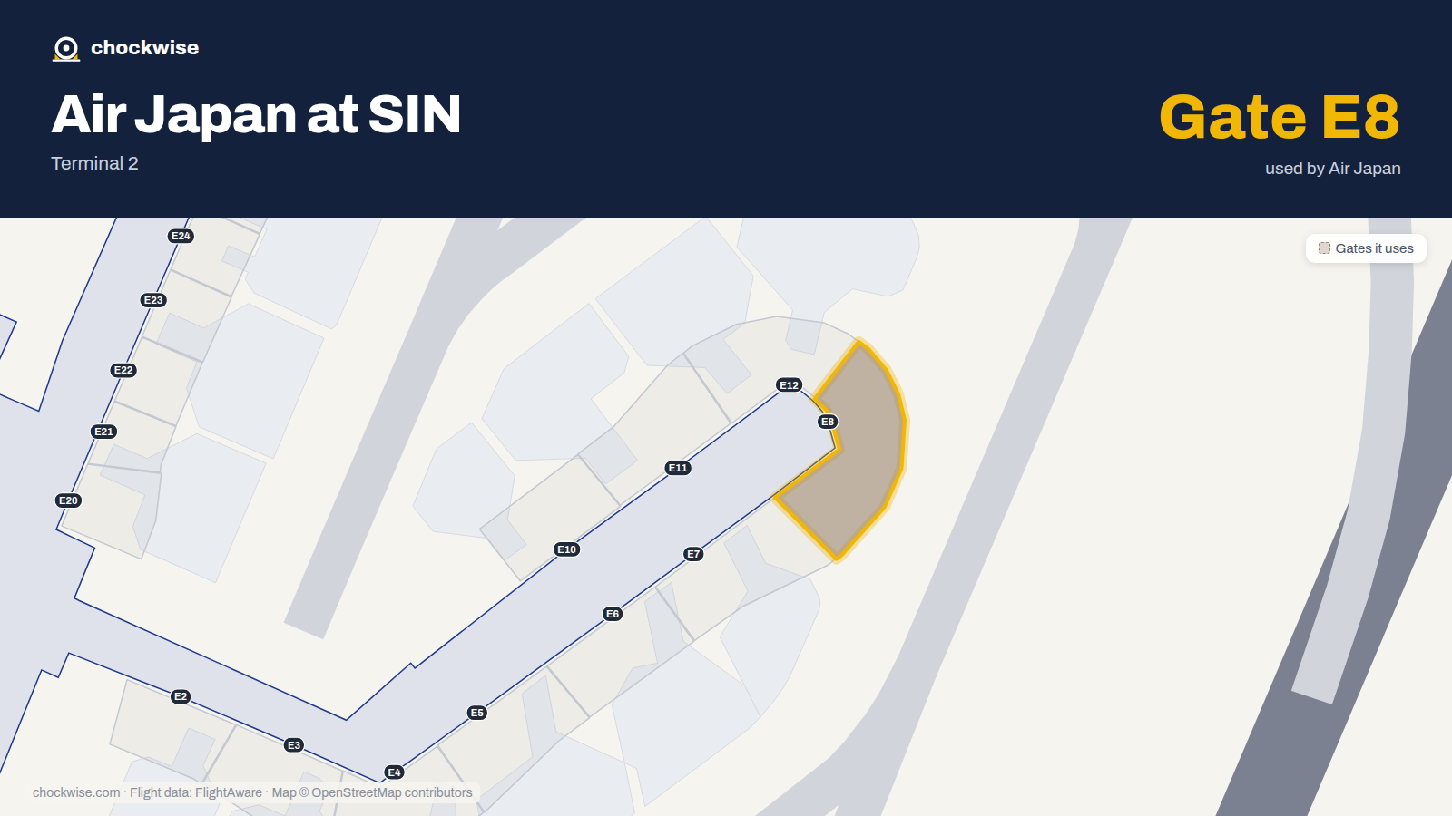 Map of SIN with the gates Air Japan uses highlighted: E8.