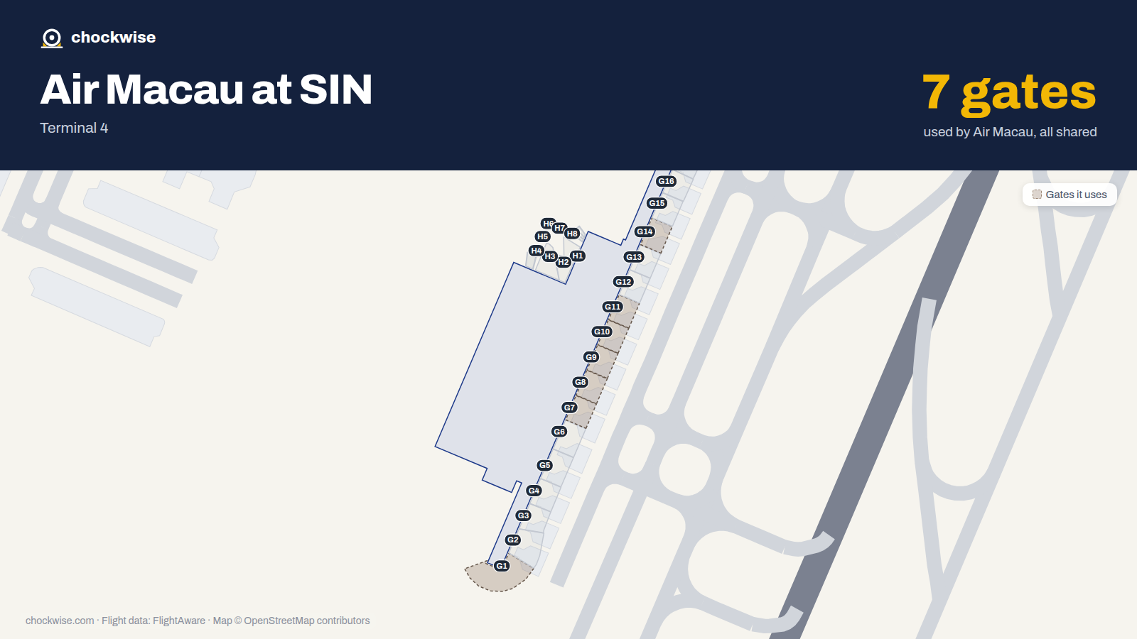 Map of SIN with the gates Air Macau uses highlighted: G1, G7, G8, G9, G10, G11 and G14.