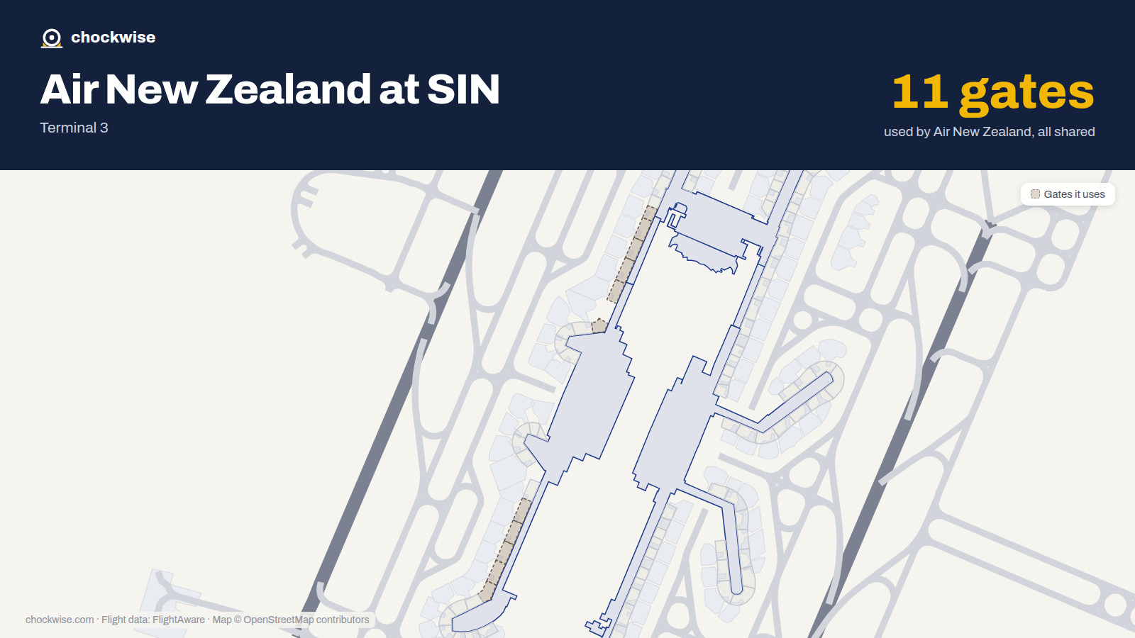 Map of SIN with the gates Air New Zealand uses highlighted: B5, B6, B7, B8, B9, A10, B10, A11 and 3 more.