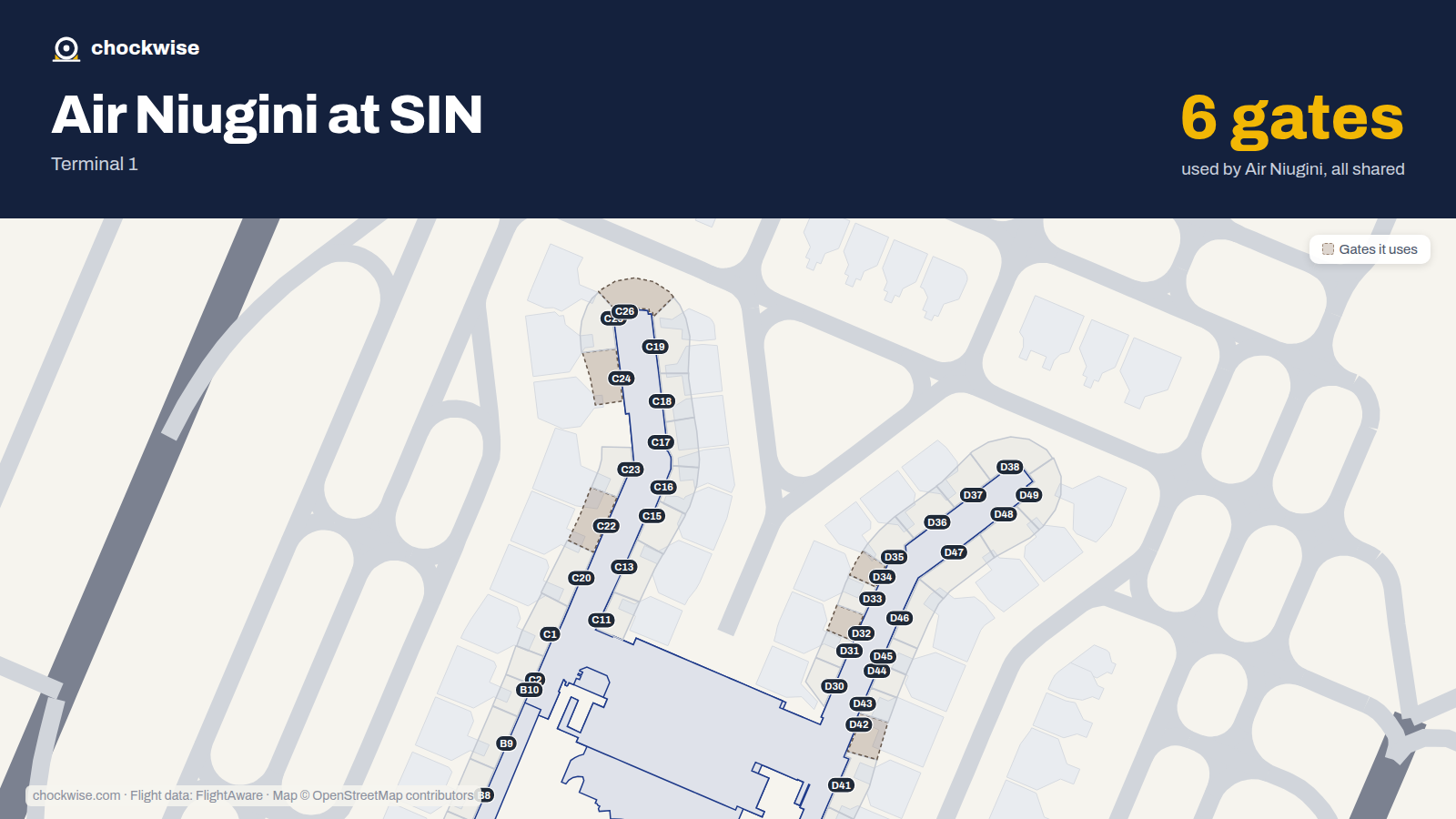 Map of SIN with the gates Air Niugini uses highlighted: C22, C24, C26, D32, D34 and D42.