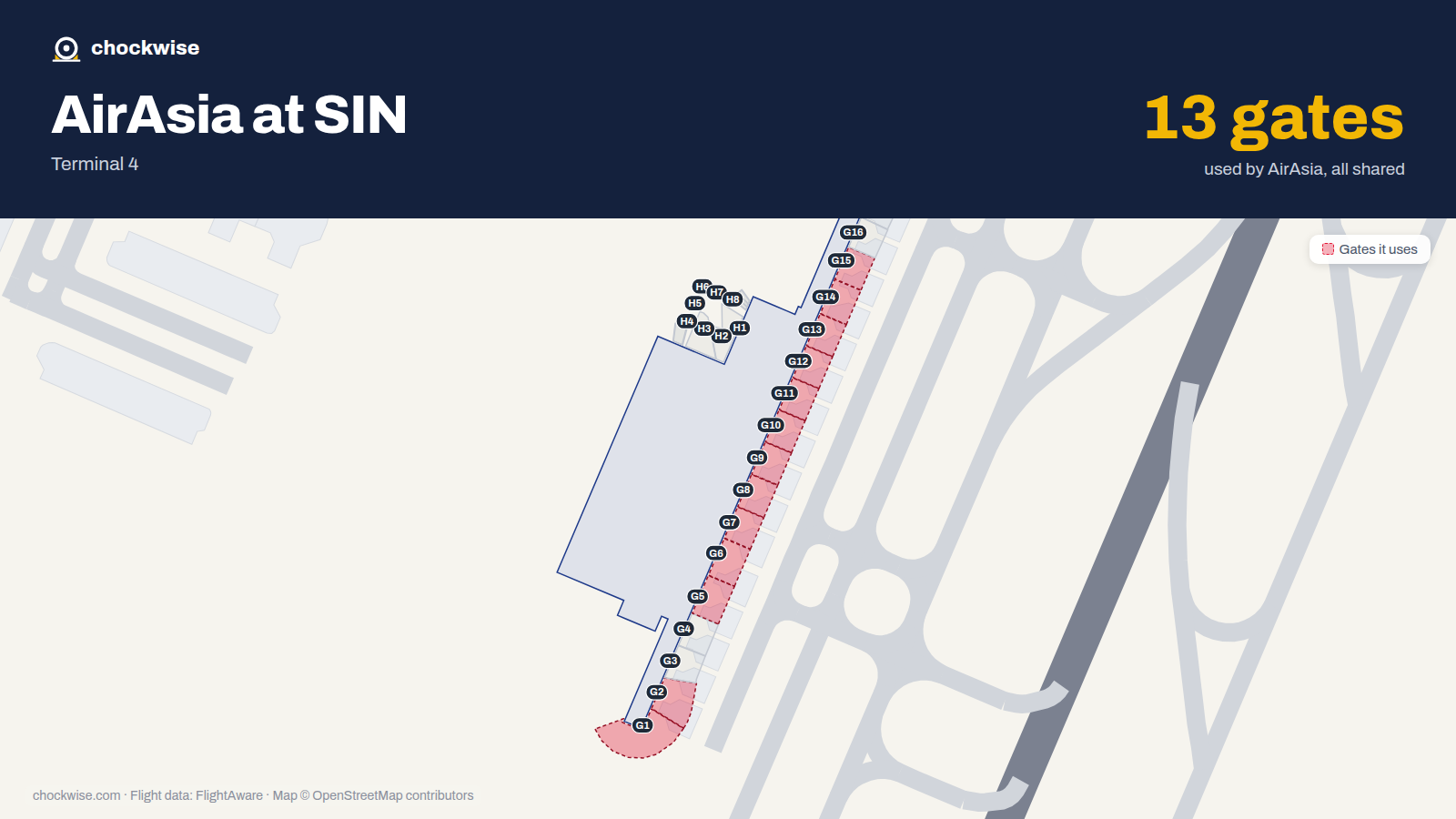 Map of SIN with the gates AirAsia uses highlighted: G1, G2, G5, G6, G7, G8, G9, G10 and 5 more.