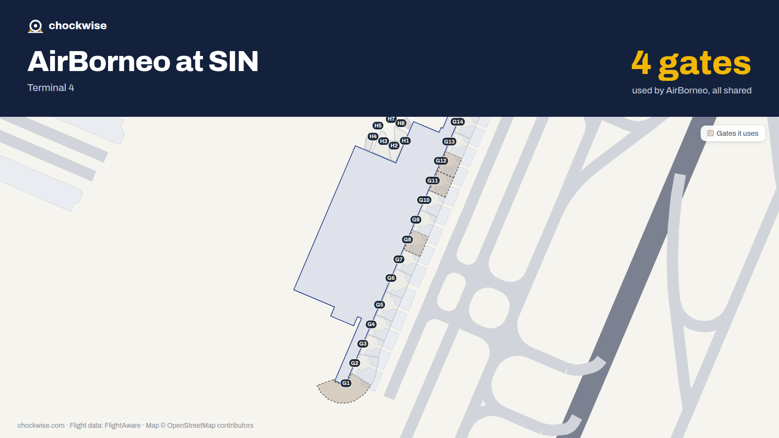 Map of SIN with the gates AirBorneo uses highlighted: G1, G8, G11 and G12.