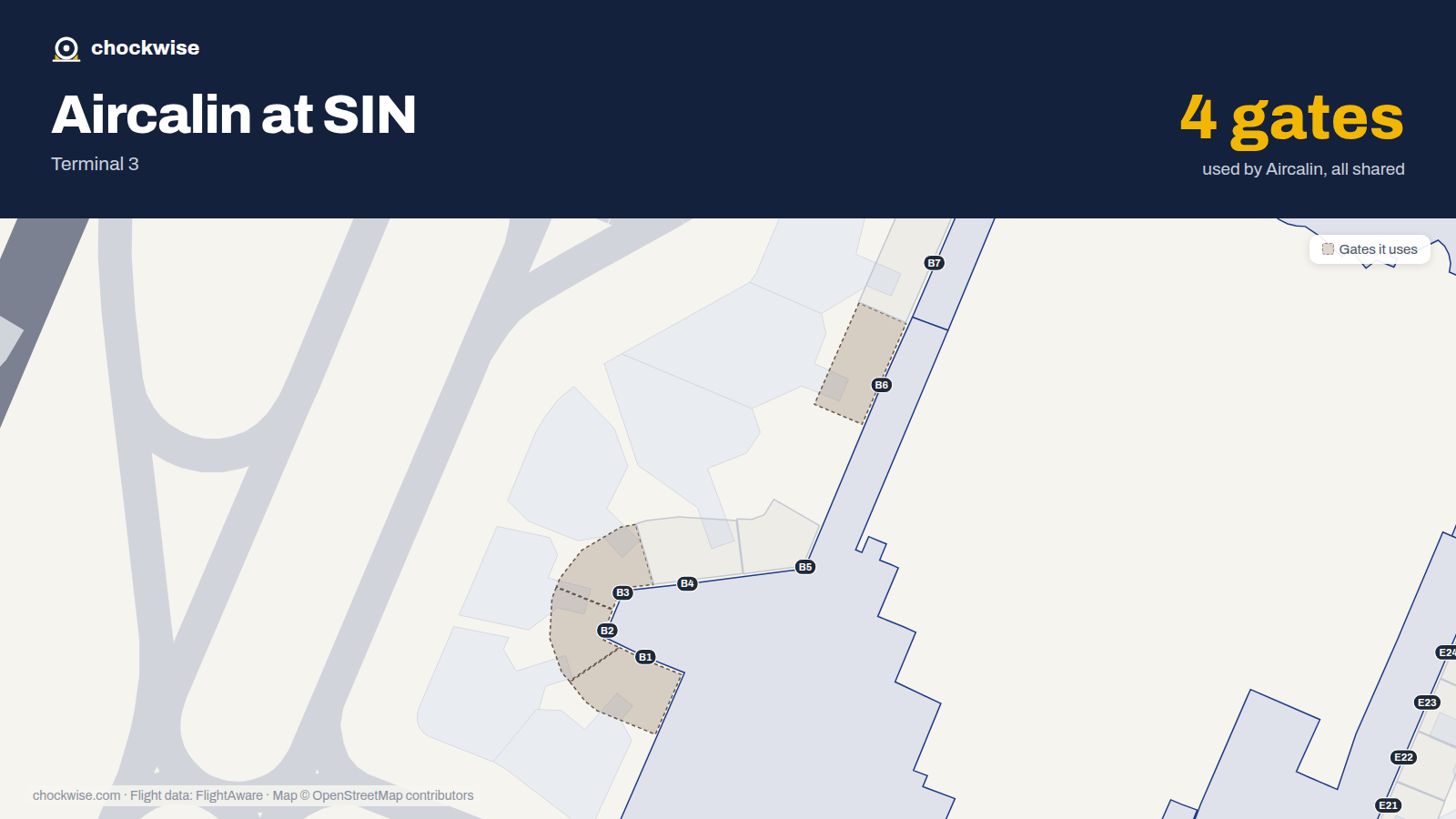 Map of SIN with the gates Aircalin uses highlighted: B1, B2, B3 and B6.