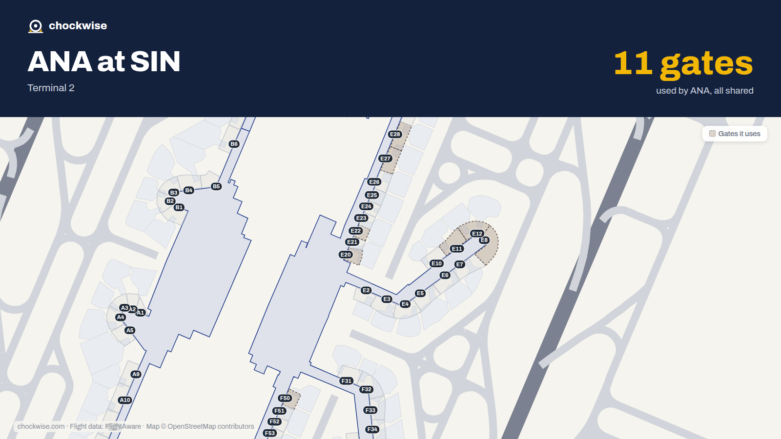Map of SIN with the gates All Nippon Airways (ANA) uses highlighted: E8, E11, E12, E20, E22, E27, E28, F50 and 3 more.
