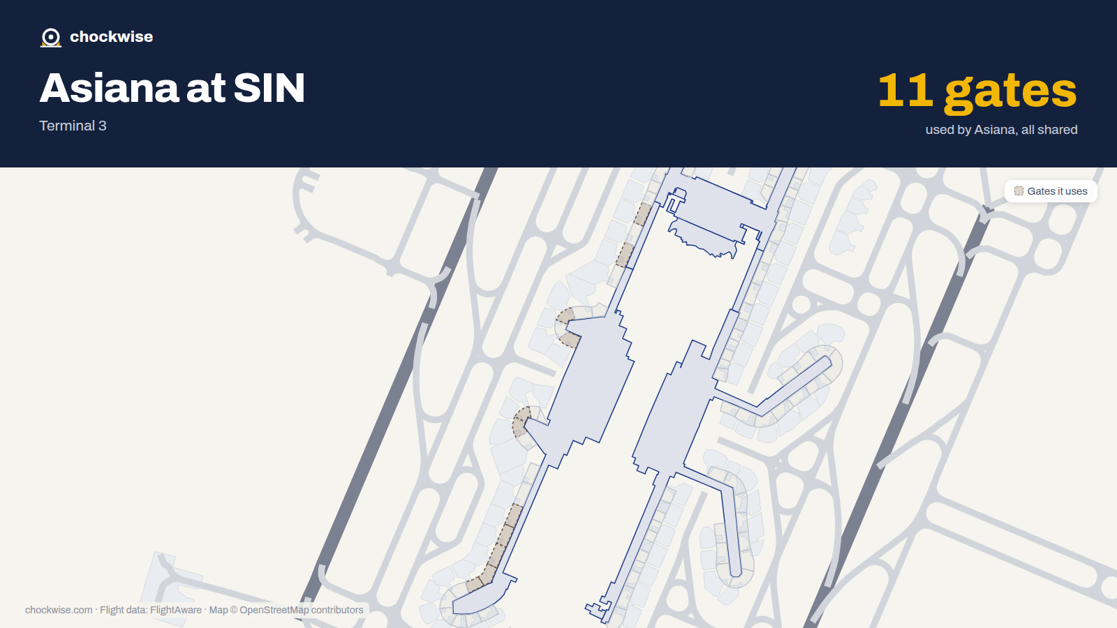 Map of SIN with the gates Asiana Airlines uses highlighted: B1, A3, B3, A4, B7, B9, A11, A12 and 3 more.