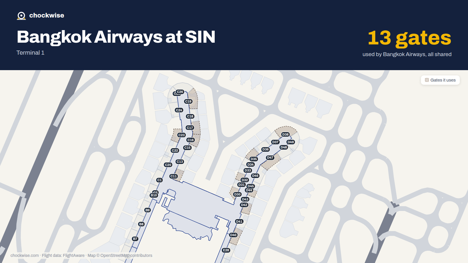 Map of SIN with the gates Bangkok Airways uses highlighted: C11, C16, C17, C19, C23, D30, D32, D35 and 5 more.