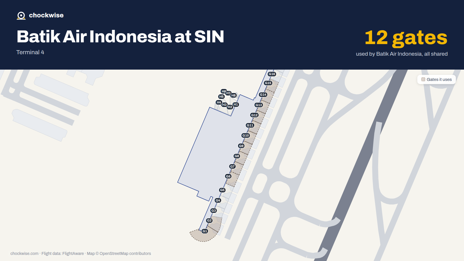 Map of SIN with the gates Batik Air Indonesia uses highlighted: G1, G2, G6, G7, G8, G9, G10, G11 and 4 more.