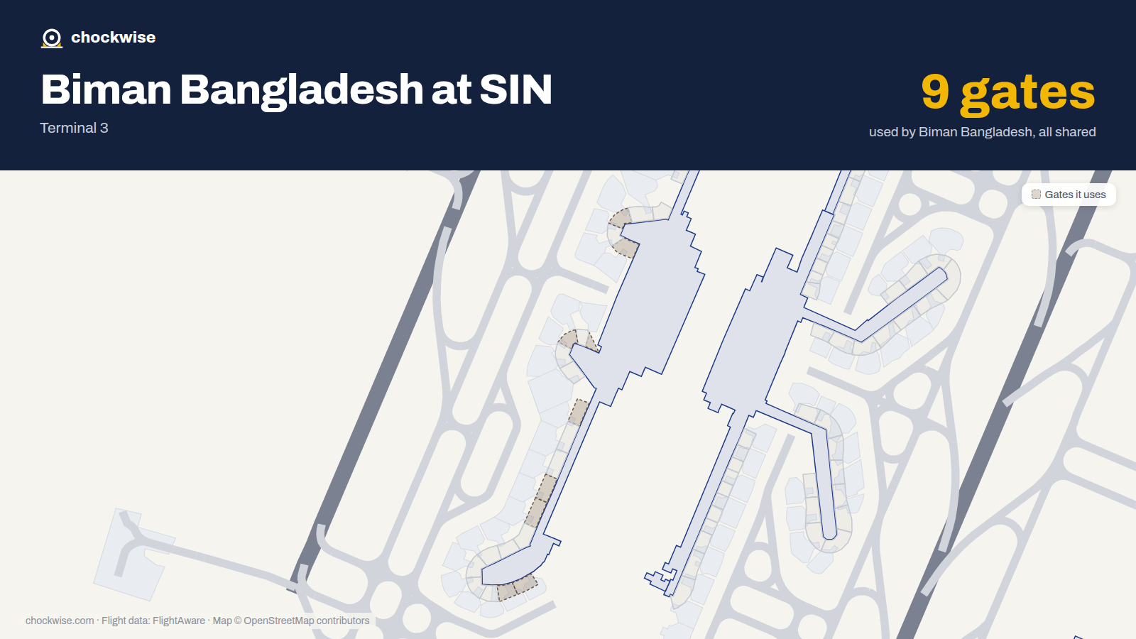 Map of SIN with the gates Biman Bangladesh Airlines uses highlighted: A1, B1, A3, B3, A9, A12, A13, A20 and 1 more.