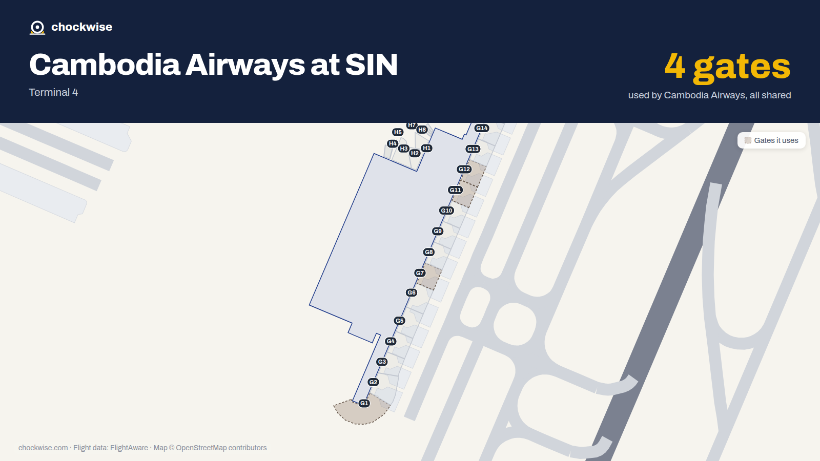 Map of SIN with the gates Cambodia Airways uses highlighted: G1, G7, G11 and G12.