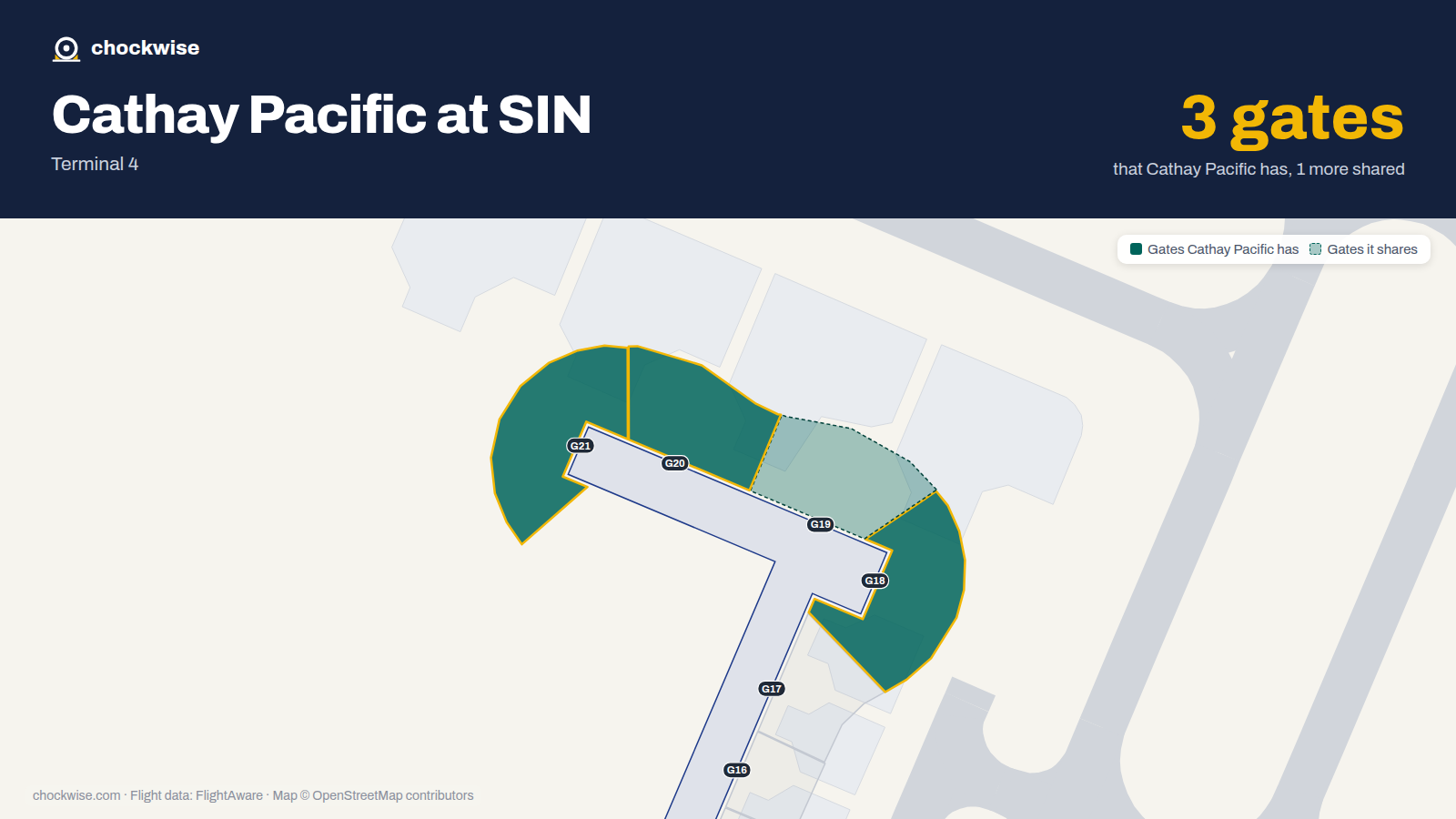 Map of SIN with the gates Cathay Pacific uses highlighted: G18, G20 and G21.