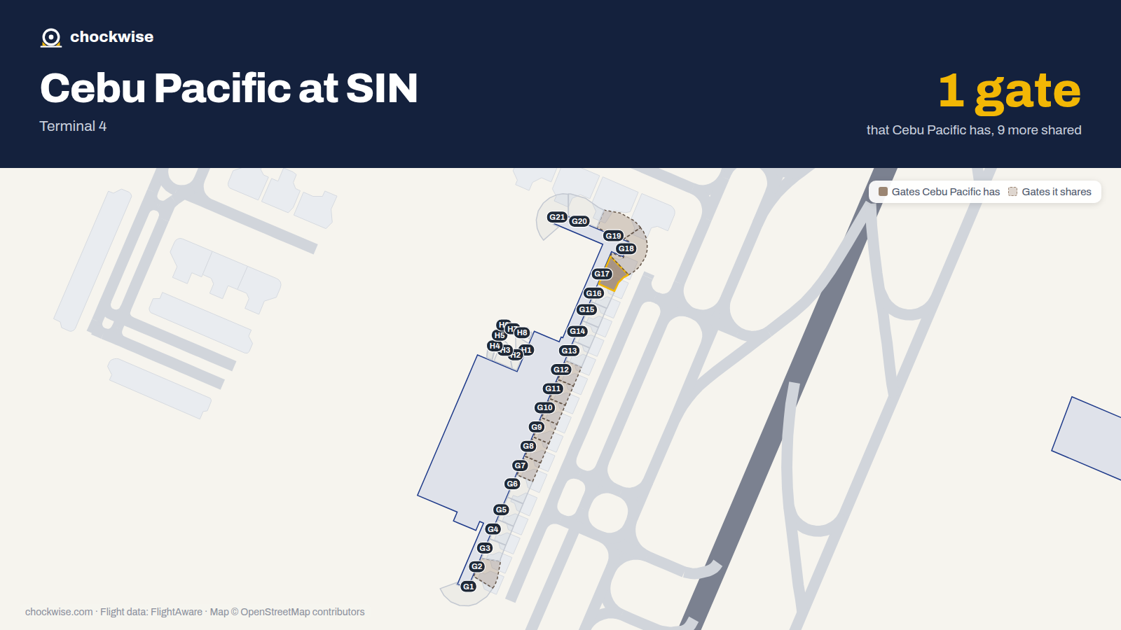 Map of SIN with the gates Cebu Pacific uses highlighted: G17.