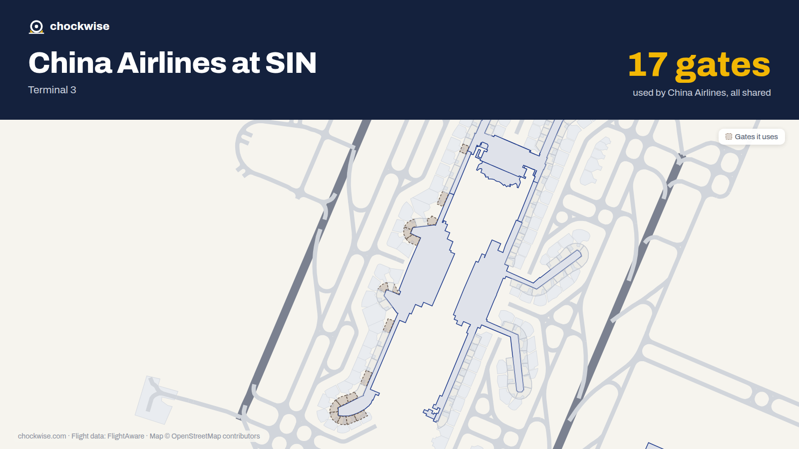 Map of SIN with the gates China Airlines uses highlighted: A1, B1, B2, A3, B3, B5, B6, A9 and 9 more.