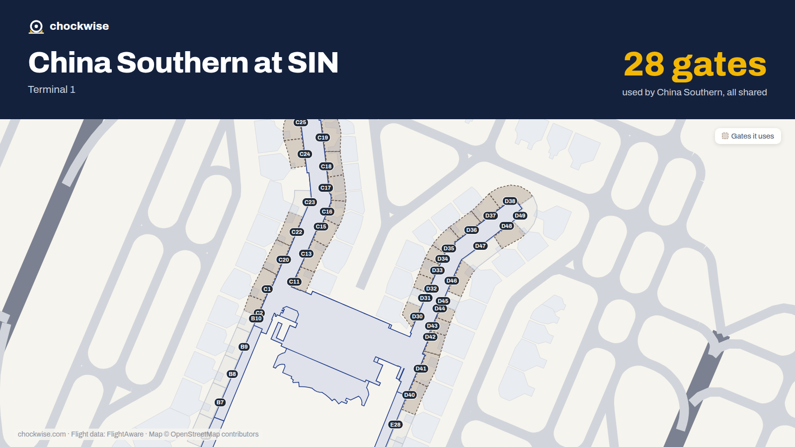 Map of SIN with the gates China Southern uses highlighted: C1, C2, C11, C13, C15, C16, C17, C18 and 20 more.