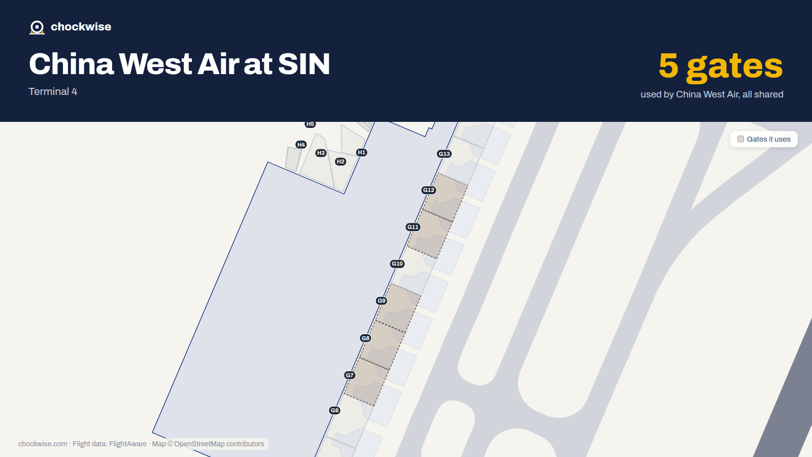 Map of SIN with the gates China West Air uses highlighted: G7, G8, G9, G11 and G12.