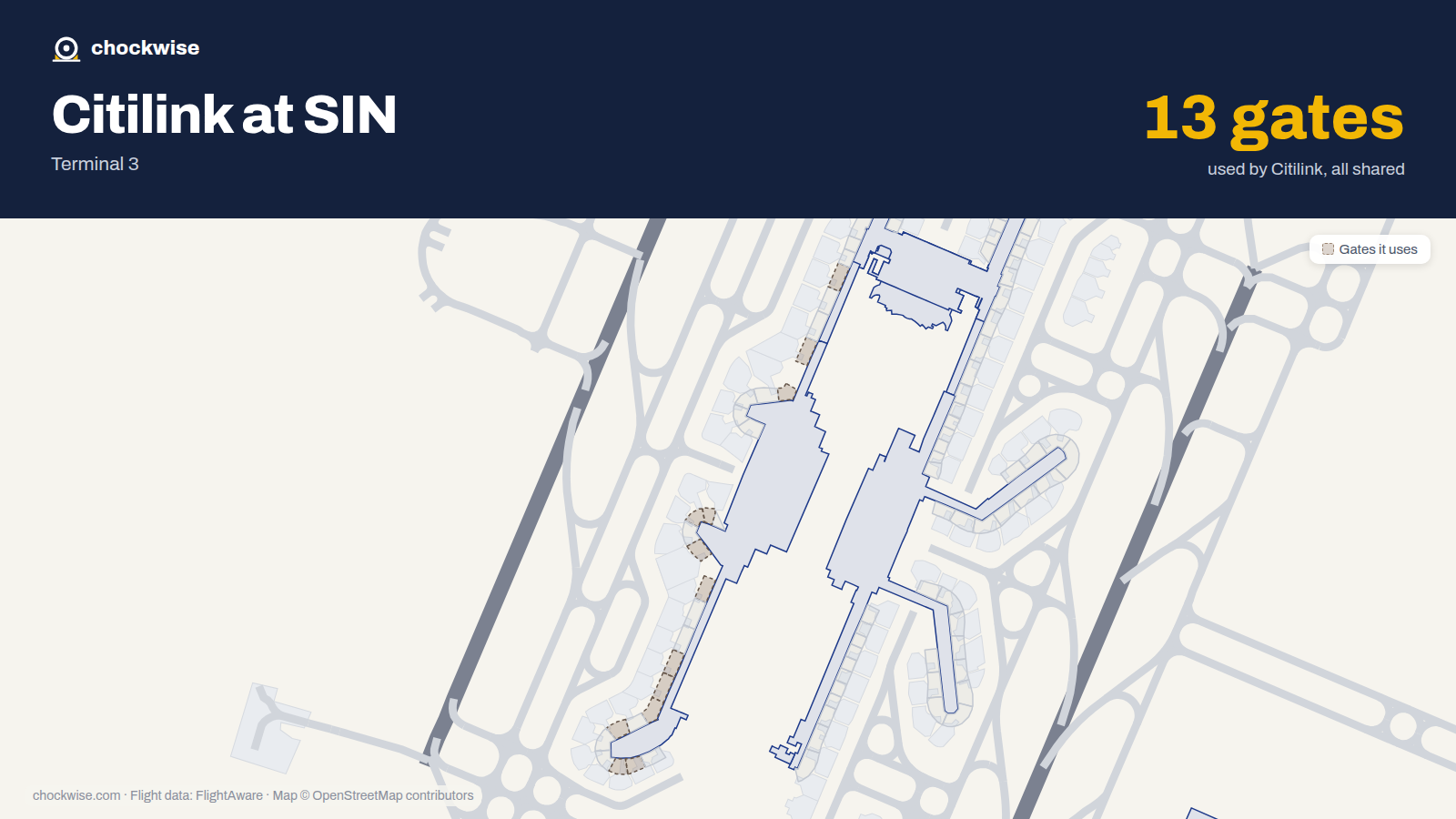 Map of SIN with the gates Citilink uses highlighted: A2, A3, A5, B5, B6, A9, B9, A12 and 5 more.