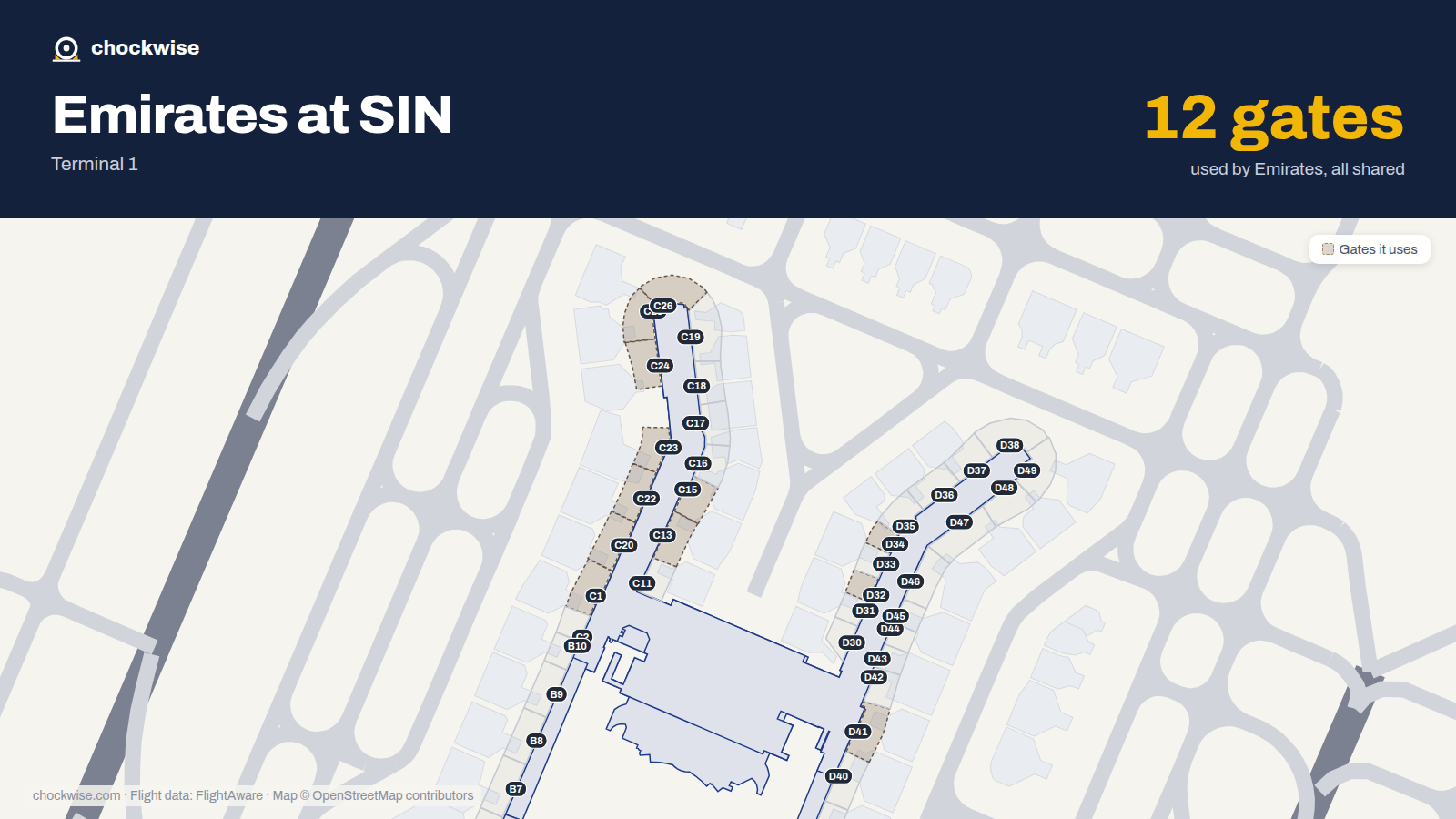 Map of SIN with the gates Emirates uses highlighted: C1, C13, C15, C20, C22, C23, C24, C25 and 4 more.