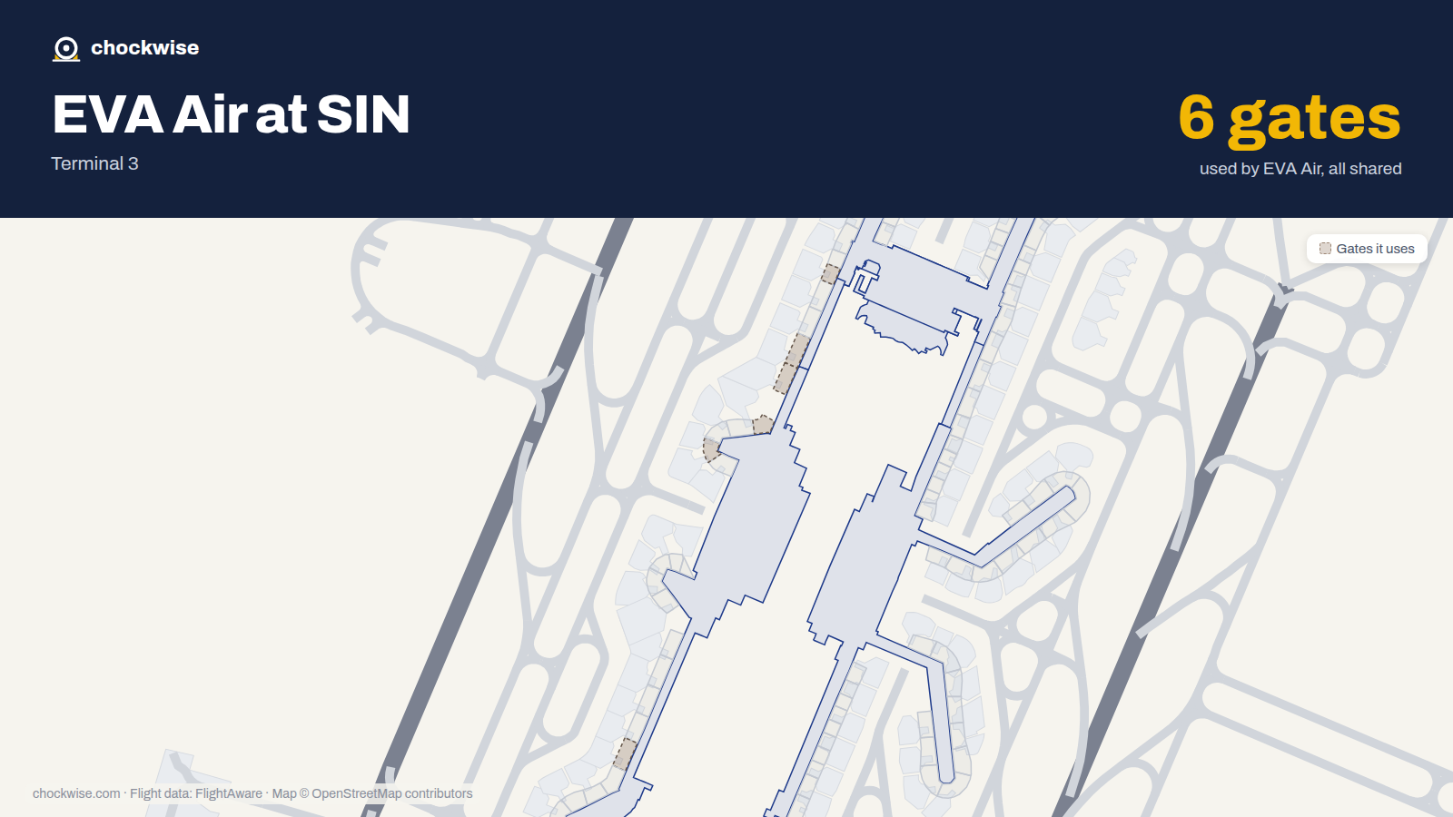 Map of SIN with the gates EVA Air uses highlighted: B2, B5, B6, B7, B10 and A13.
