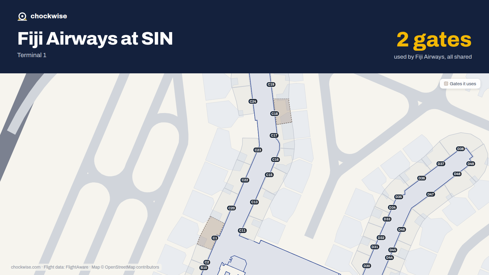 Map of SIN with the gates Fiji Airways uses highlighted: C1 and C18.