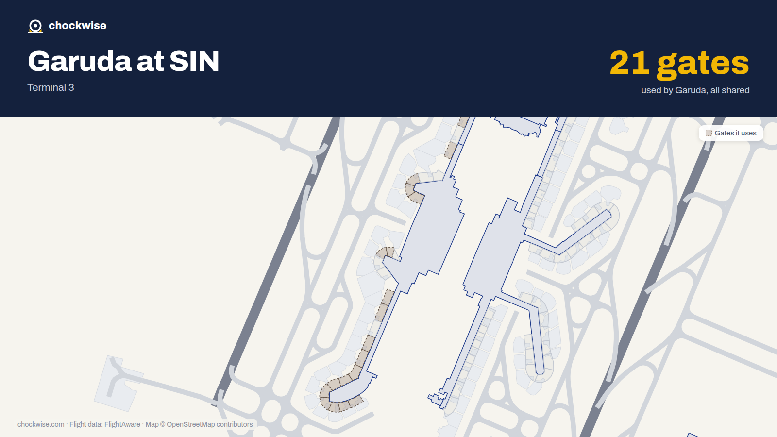 Map of SIN with the gates Garuda Indonesia uses highlighted: B1, A2, B2, A3, B3, B6, B8, A9 and 13 more.