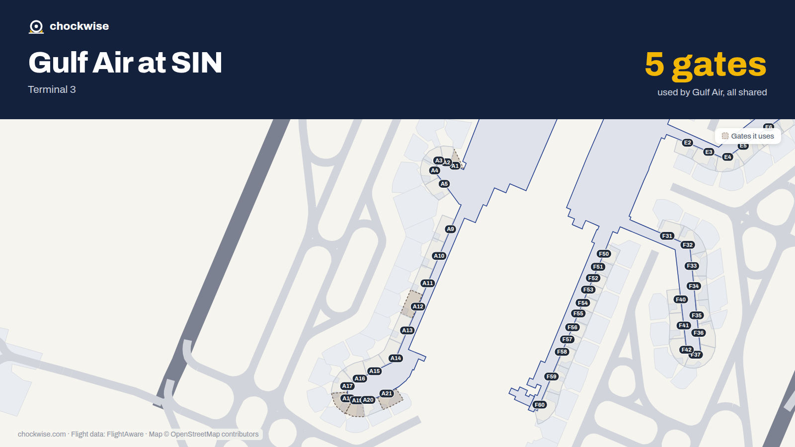 Map of SIN with the gates Gulf Air uses highlighted: A1, A12, A18, A19 and A21.