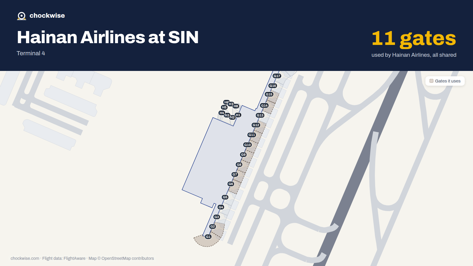 Map of SIN with the gates Hainan Airlines uses highlighted: G1, G2, G6, G7, G8, G9, G10, G11 and 3 more.