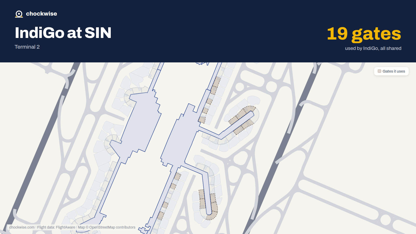 Map of SIN with the gates IndiGo uses highlighted: E6, E7, E10, E11, E12, E20, E22, E24 and 11 more.
