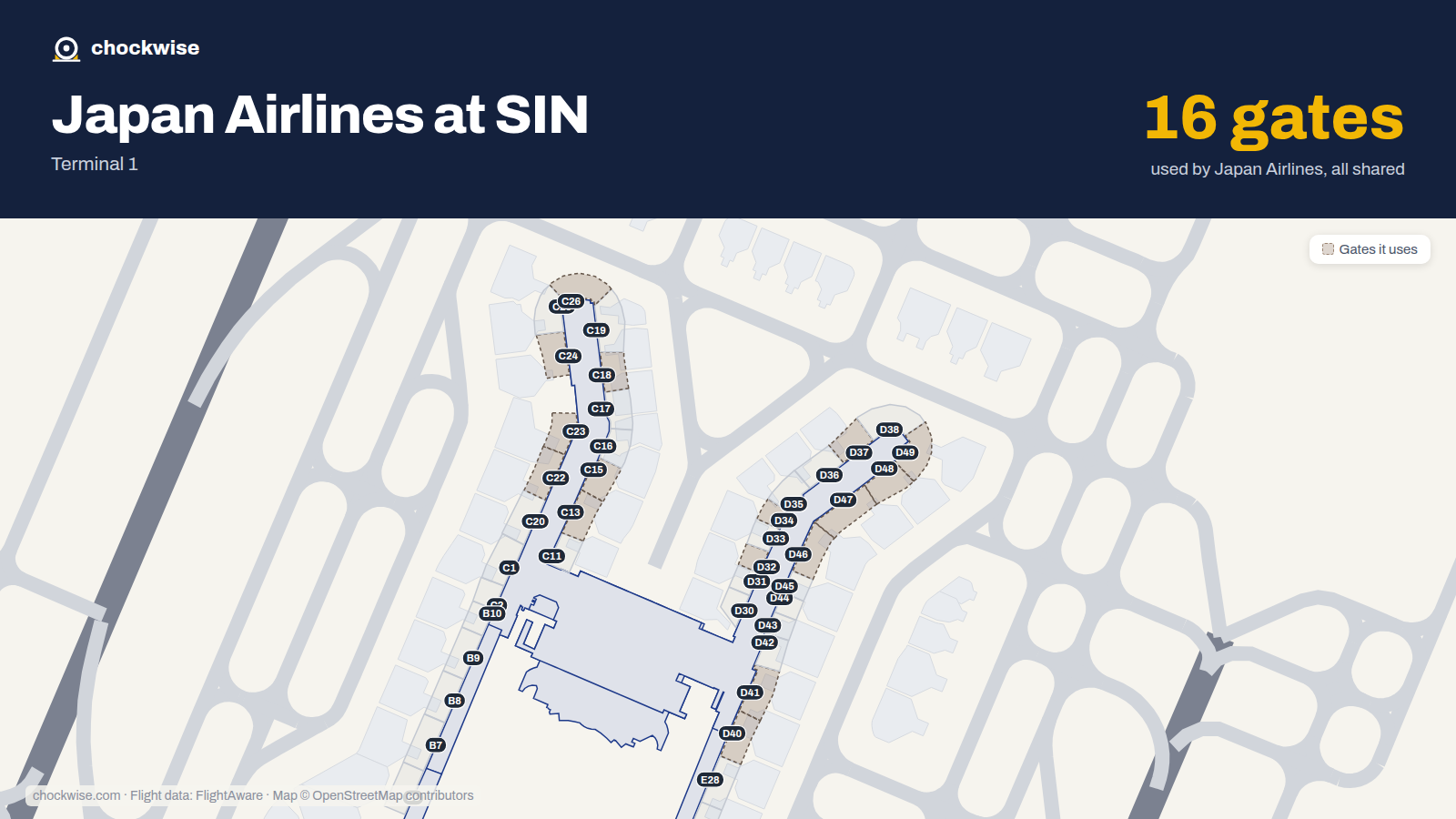 Map of SIN with the gates Japan Airlines uses highlighted: C13, C15, C18, C22, C23, C24, C26, D32 and 8 more.