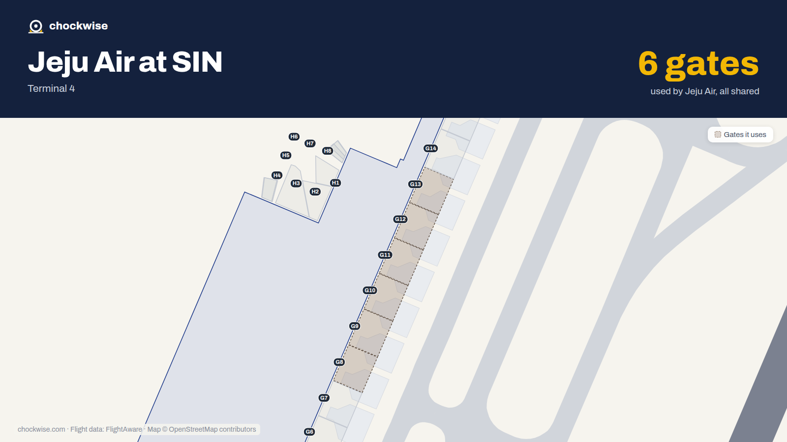 Map of SIN with the gates Jeju Air uses highlighted: G8, G9, G10, G11, G12 and G13.