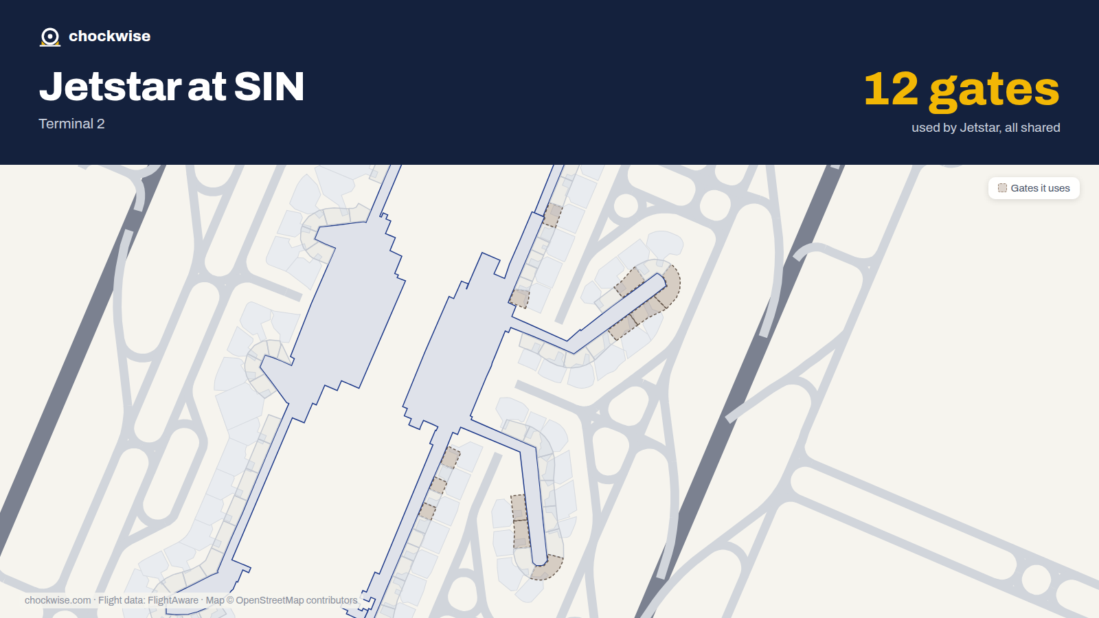 Map of SIN with the gates Jetstar uses highlighted: E6, E7, E8, E11, E20, E26, F37, F40 and 4 more.