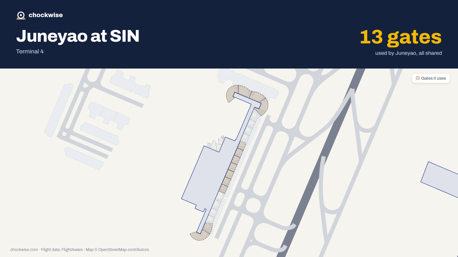Map of SIN with the gates Juneyao Airlines uses highlighted: G1, G2, G7, G8, G9, G10, G11, G12 and 5 more.