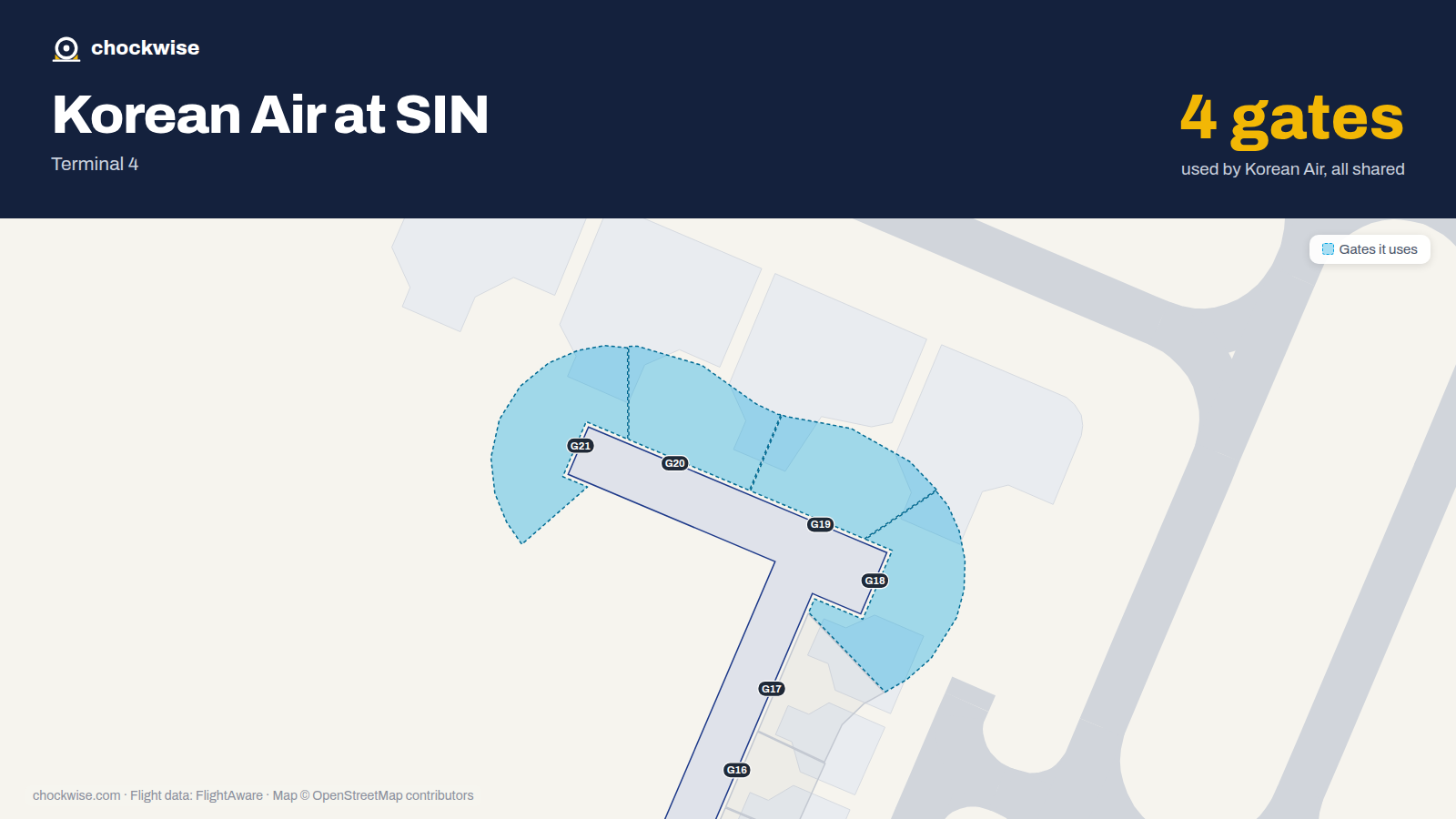 Map of SIN with the gates Korean Air uses highlighted: G18, G19, G20 and G21.