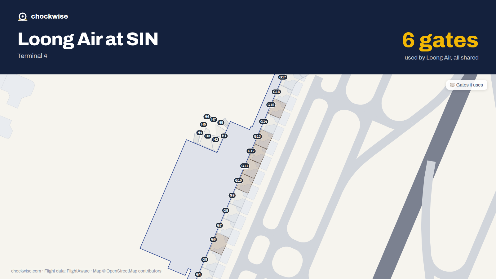 Map of SIN with the gates Loong Air uses highlighted: G6, G10, G11, G12, G13 and G15.
