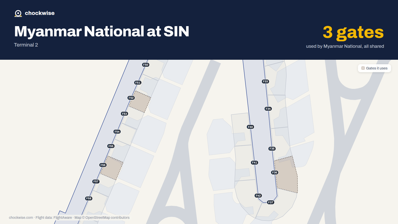 Map of SIN with the gates Myanmar National Airlines uses highlighted: F36, F52 and F56.