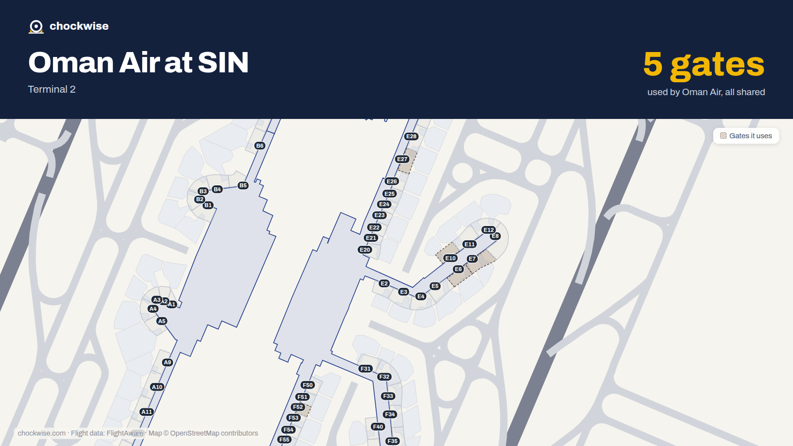 Map of SIN with the gates Oman Air uses highlighted: E6, E7, E10, E27 and F52.