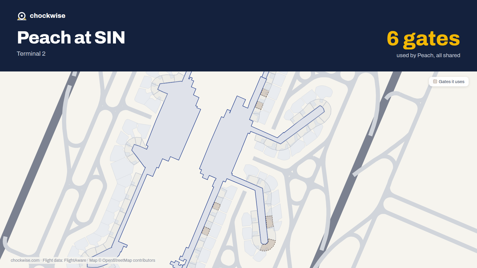 Map of SIN with the gates Peach Aviation uses highlighted: E22, E24, F35, F37, F52 and F56.