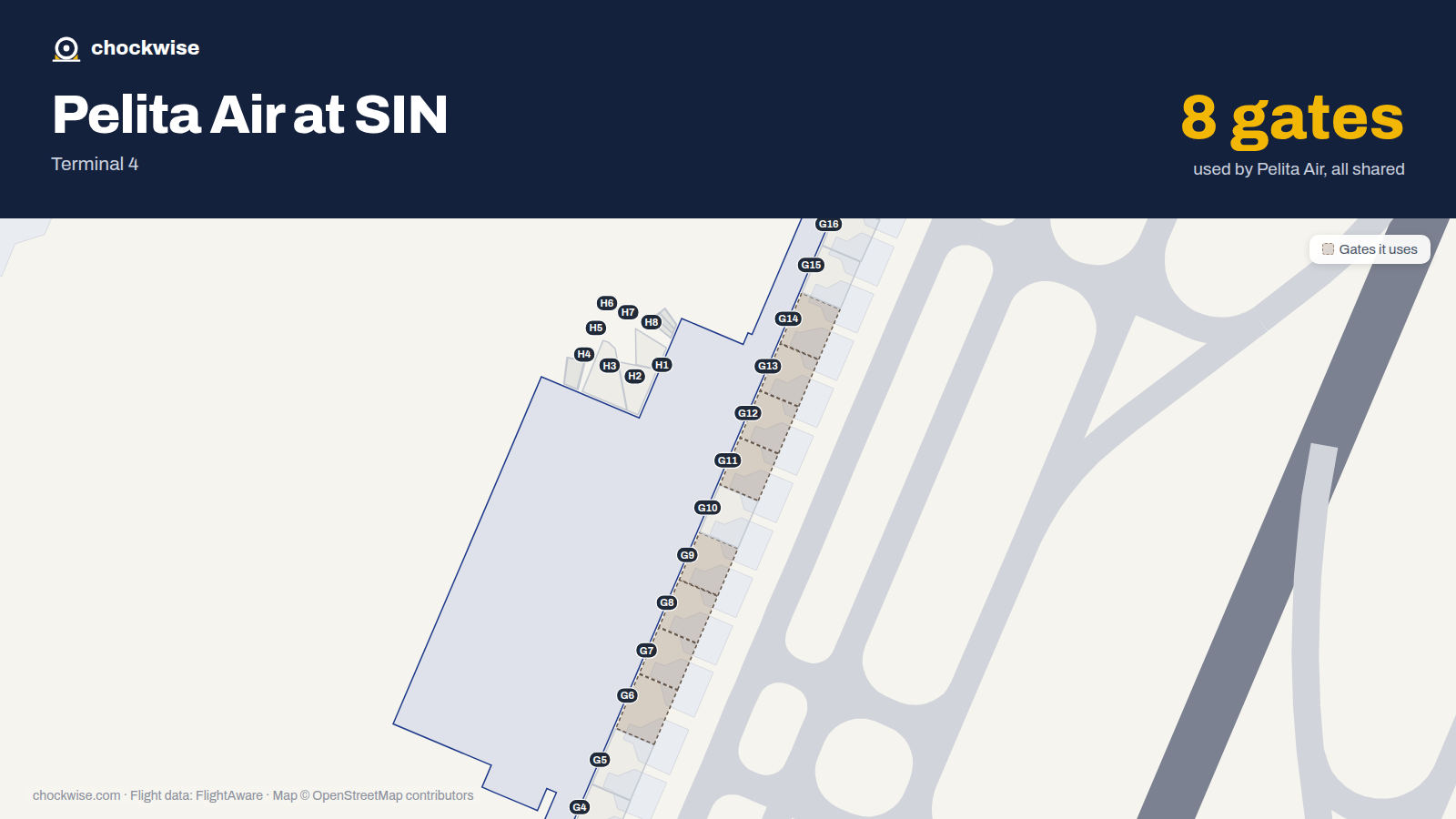 Map of SIN with the gates Pelita Air uses highlighted: G6, G7, G8, G9, G11, G12, G13 and G14.