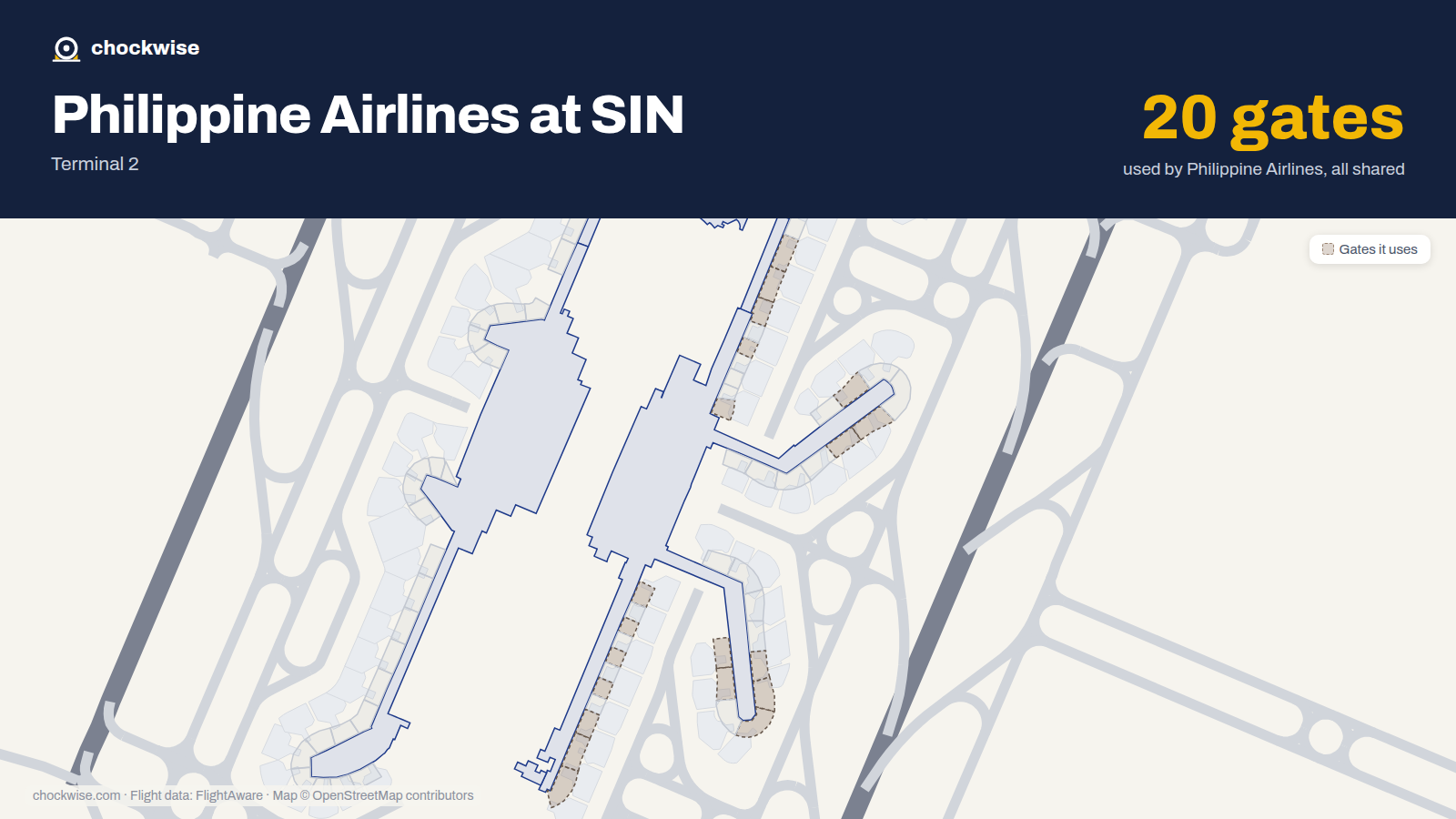 Map of SIN with the gates Philippine Airlines uses highlighted: E6, E7, E11, E20, E24, E26, E27, E28 and 12 more.