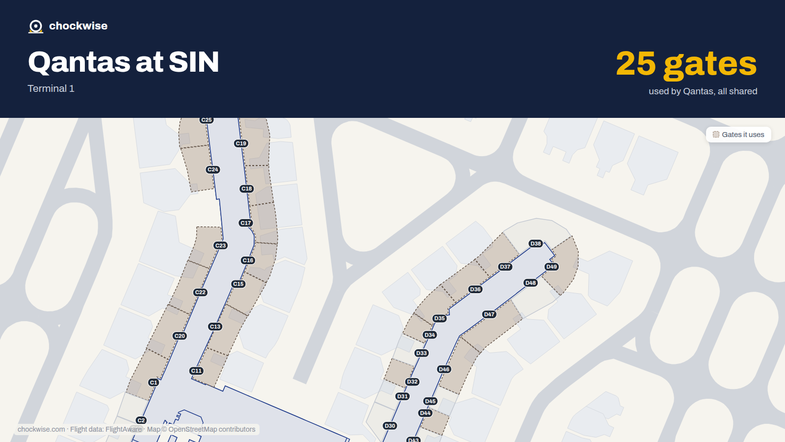 Map of SIN with the gates Qantas uses highlighted: C1, C11, C13, C15, C16, C17, C18, C19 and 17 more.