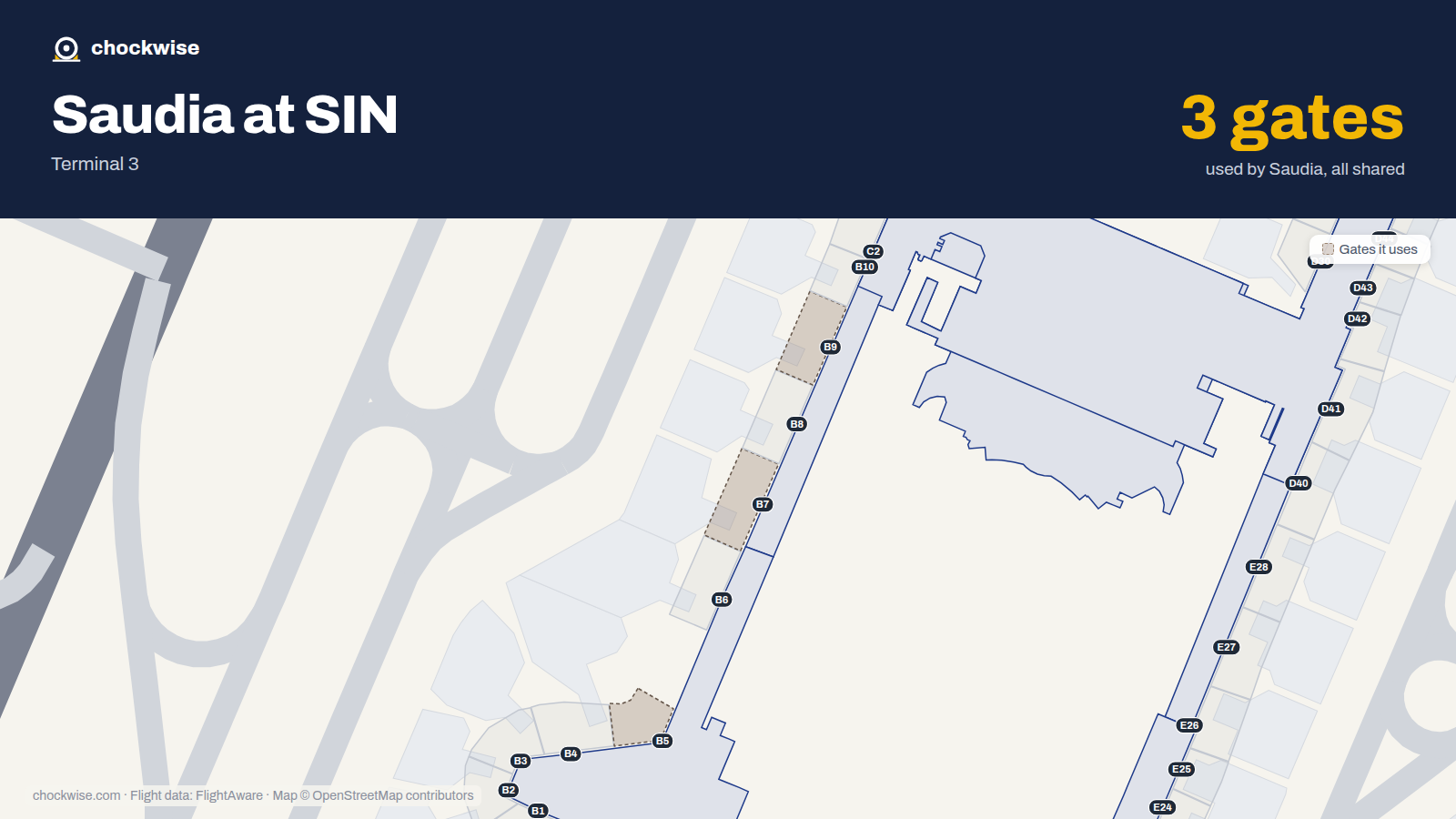 Map of SIN with the gates Saudia uses highlighted: B5, B7 and B9.