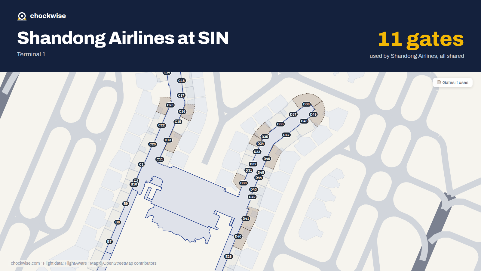 Map of SIN with the gates Shandong Airlines uses highlighted: C13, C16, C23, D30, D34, D35, D38, D40 and 3 more.