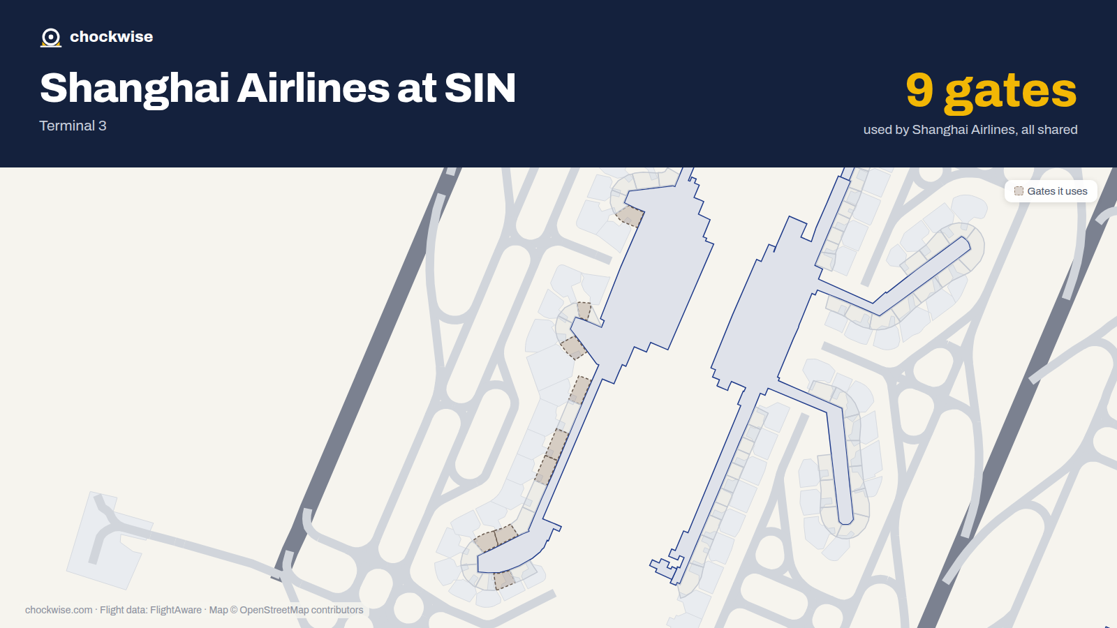 Map of SIN with the gates Shanghai Airlines uses highlighted: B1, A2, A5, A9, A11, A12, A15, A16 and 1 more.